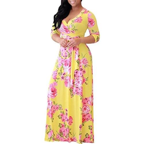 Plus size S-5XL Spring summer Dress Women V-neck Print Sexy Maxi Dresses Female Long sleeve Belt Slim Dresses Fashion Vestido G6