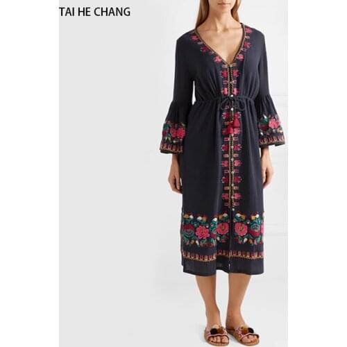 Women dress autumn vestidos vintage embroidery bohemian runway sexy beach party v-neck loose white flare sleeve summer dress