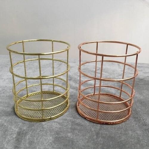 1PCS Rose Gold Gold Wire Net Pencil Holder Round Iron Mesh Pen Cup Stationery Organizer Desk Sorter For Office Home School