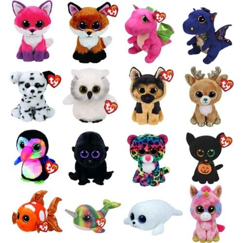 25CM Ty Beanie Big Eyes Fox Dragon Owl Dog Crow Orangutan Leopard Unicorn Goldfish Plush Stuffed Animal Toys Doll Gift For Kids