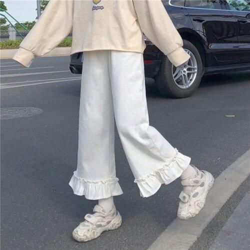Japanese Kawaii Women Pants White Sweet Ruffled Basis Wild High Waist Loose Trousers y2k Elastic Waist Casual Solid Student Pant