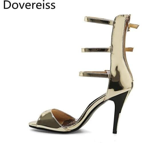 Dovereiss Fashion Summer Womens Shoes Narrow Band Elegant Stilettos heels Back zipper Gold Femmes Sandales Consice 32-44