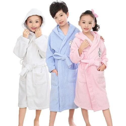 Winter Bathrobe Kids Childrens bathrobes Cotton hooded long sleeve sleepwear Boys Blue robe Soft robes pyjamas kids Autumn Pink