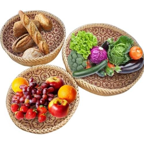 Kitchen Organizer Wicker Woven Round Basket Bread Serving Tray Bamboo Storage Basket Multi-purpose Basket For Fruit Vegetable