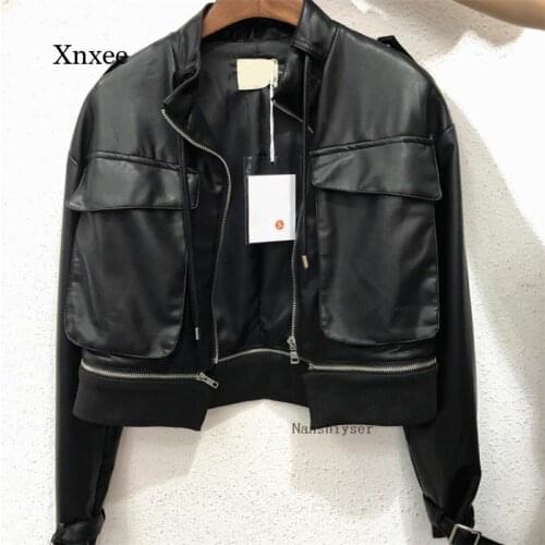 Autumn and Winter New Style Ladies Big Pocket Short Orange Hem Zipper Stitching Artificial Pu Leather Jacket Motorcycle Jacket