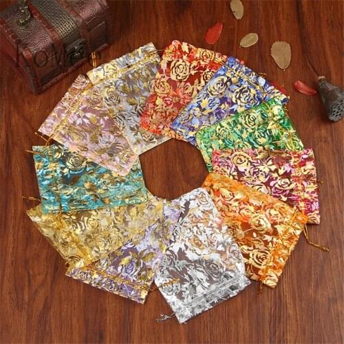 100pcs Multi Colors Organza Bags 9x12cm Small Jewelry Gifts Packaging Bags Rose Print Party Wedding Favor Candy Gift Bag Pouches