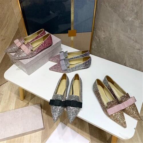 Fashion Design Womens Shoes Pointed Toes Shallow Flats Shoes High Quality Leather Shoes Gliter Bling Womens Ballet Flats