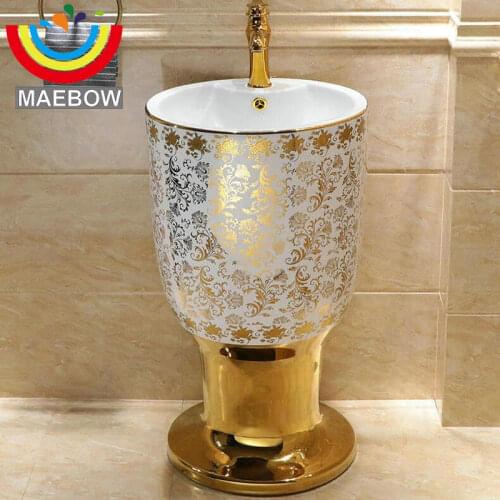 Mosaic Gold Cup Basin Round Pedestal Sink Ceramic Bathroom Sink With Stand Pedestal Wash Basin