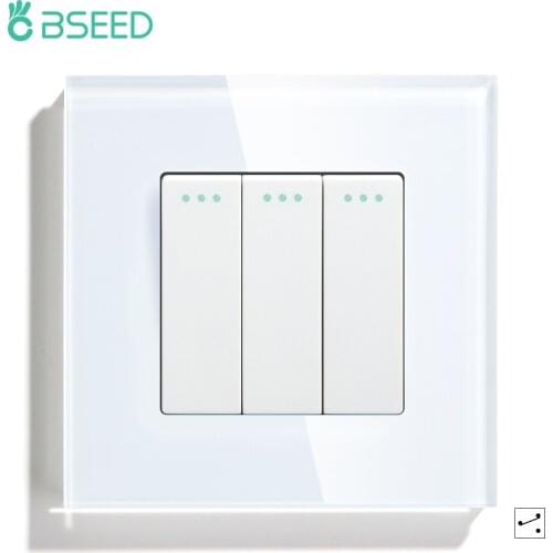 Bseed EU Russia 3 Gang Button Switch Black White Wall Switches With Crystal Glass Panel 86mm Home Improvement