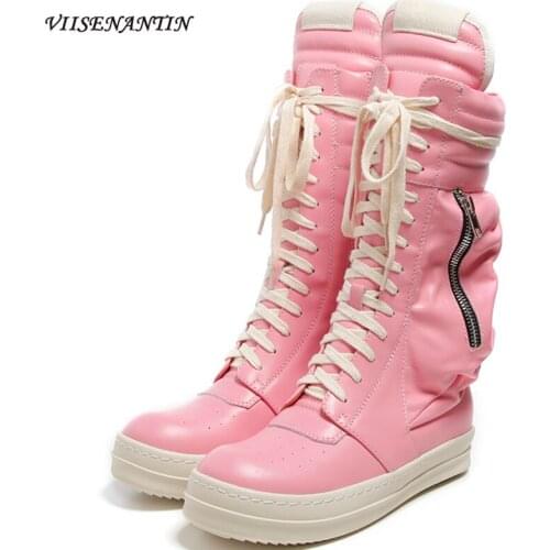 Winter New Style Black Genuine Leather Trendy Sports Martin Boots Pocket Wallet Personalized Couple Causal Mid-tube Boots