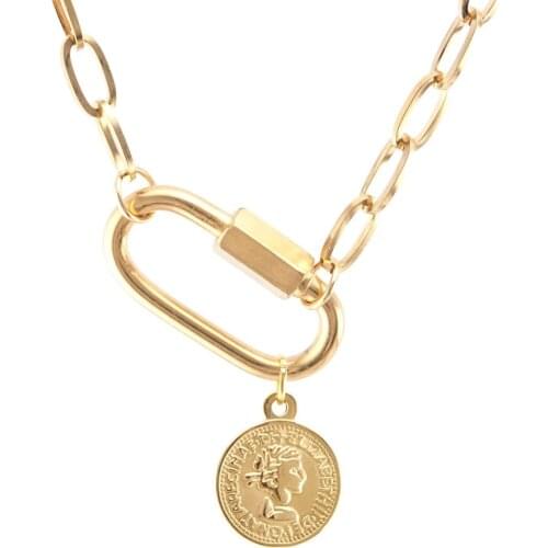 100% Stainless Steel Coin Necklace For Women Gold/Silver Color Metal Coin Medal Carabiner Spiral Buckle Choker Collier femme