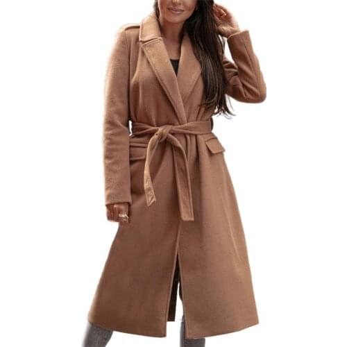 Women Oversize Wool Coat Solid Color Belt Autumn Winter Turndown Collar Split Hem Ladies Long Coat Elegant Female Office Jacket