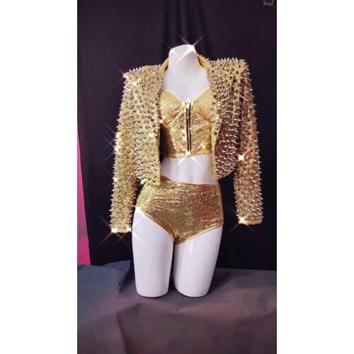 Sexy Sparkly Rivets Sequins Jacket Bra Short Set Birthday Prom Outfit Women Singer Dancer Costume Bar Outfit Set