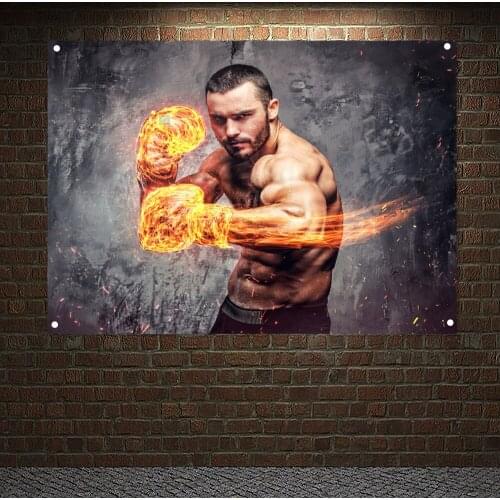 Exercise Poster Wall Art Shirtless Aggressive Fighter With Burning Boxer Gloves Workout Wallpaper Banner Flag Tapestry Gym Decor