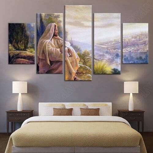 Modern Pictures Living Room HD Printed Canvas 5 Panels Jesus In Thought Modular Painting Home Decor Posters Wall Art Framework