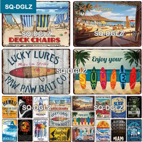 [SQ-DGLZ] BEACH Metal Sign Vintage Metal Plaque Travel Plates Decor For Bar Home Wall Decor Surfing Tin Sign California Poster