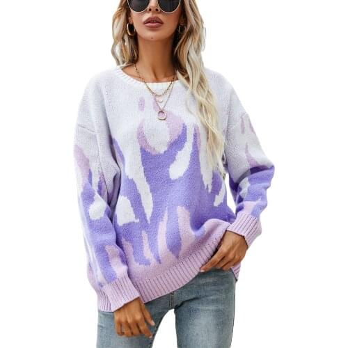 2021 New Women Printed Knit Sweater Adults Loose Color Block Long Sleeve Round Neck Pullover