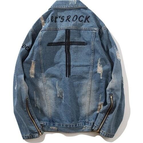 Harajuku Fashion Cross Retro Rock vintage Blue denim jacket men punk Sweatshirt sudadera hole streetwear