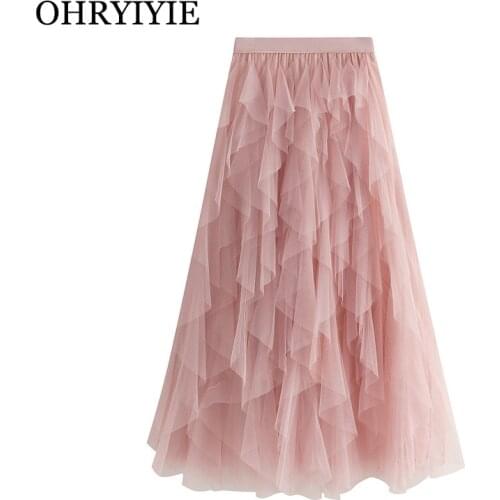 OHRYIYIE Pink Irregular Tulle Skirts Women 2021 Spring Summer Long High Waist Patchwork Skirt Lady Maxi Skirts Jupe Longue Femme