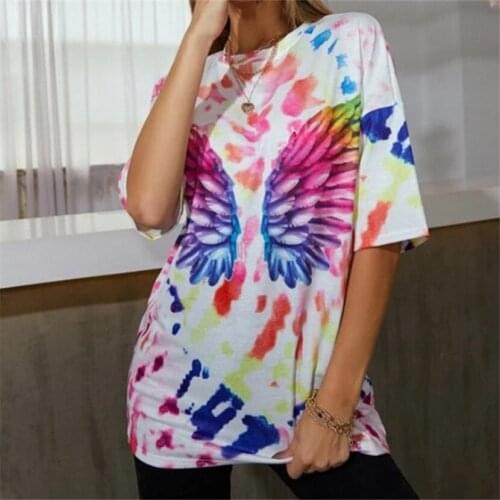 Wing Print Oversized T Shirt Women 2021 Harajuku Color Tie Dye Tee Shirt Femme Casual Loose Plus Size Clothes Tops T-shirts