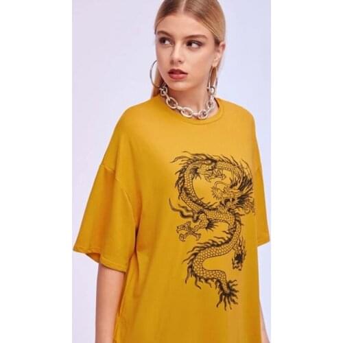 Seaport YF Rockmore Dragon Print T-Shirt Women Plus Size Short Sleeve Casual Streetwear Oversized Long Shirts Basic Tee