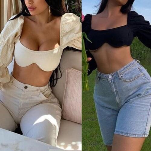 Women Vintage Wave Puff Sleeve Blouse Sexy Square Neck Backless Crop Top Solid Color Tie Up Back Ruched Bustier Shirts