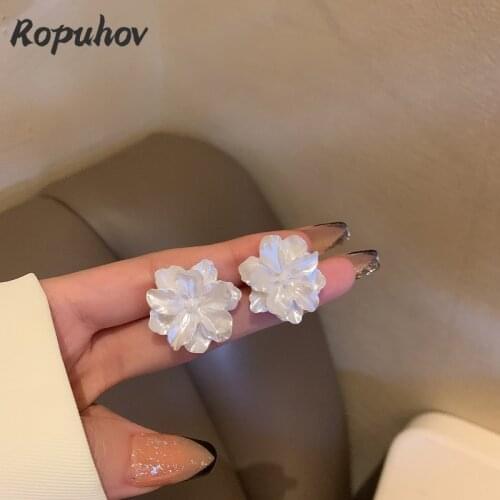 ROPUHOV 2021 Korean Trendy 925 Silver Needle Japan A Fresh Camellia Flower Earrings White Flower Resin Fashion Earrings