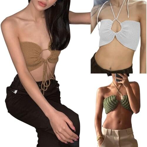 Women Summer Crop Tops, Solid Color Knitted Lacing Straps Sleeveless Backless Tank Tops for Girls, Green/White/Brown