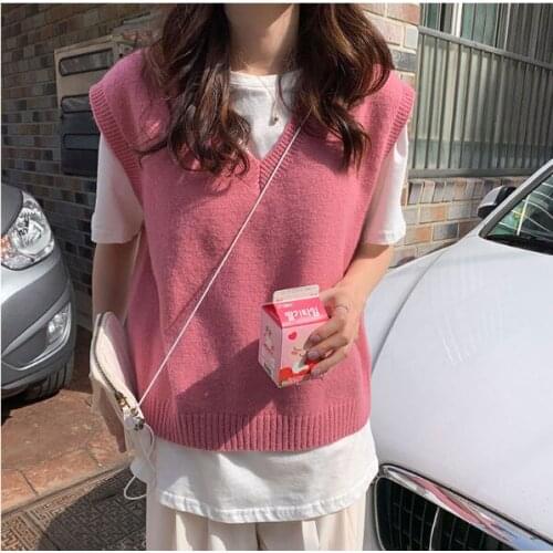 4 colors 2021 autumn and winter korean style v neck knitted solid color sleeveless vest sweaters womens pullovers womens