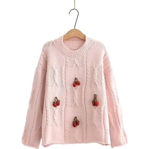 Pink Strawberry Appliques Twisted Flower Women Sweater 2021 Winter Warm Knitted Pullover Sweet Style Korean Female Knitwear