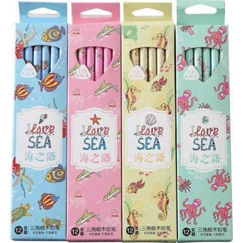 8packss/lot Cute Sea Language Triangle Beech HB Rubber Head Pencils Raw Non-toxic Pencil Student School Stationery Supplies