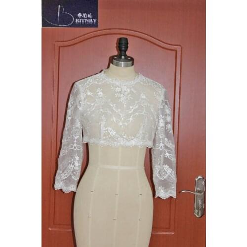 BRITNRY Ivory White Lace Bolero 3/4 Long Sleeve Wedding Cape Custom Made