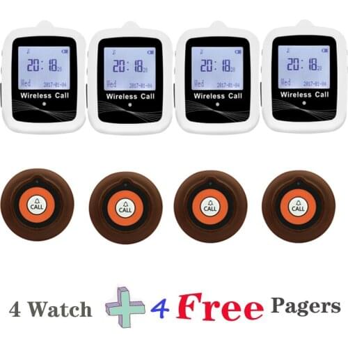 Long Distance Transmitter Wireless 4 Watch Receiver + 4 Free Super Thin Call Button Transmitter For Restaurant Waiter