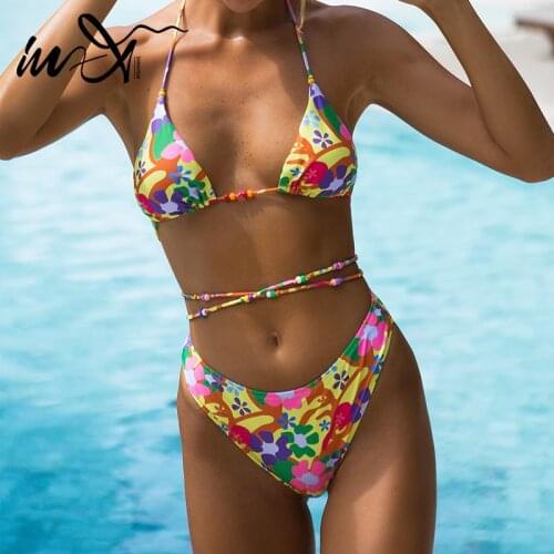 In-X Brazilian bikinis 2021 mujer High cut swimsuit women Halter triangle 2 pieces set String swimwear female Print bathing suit