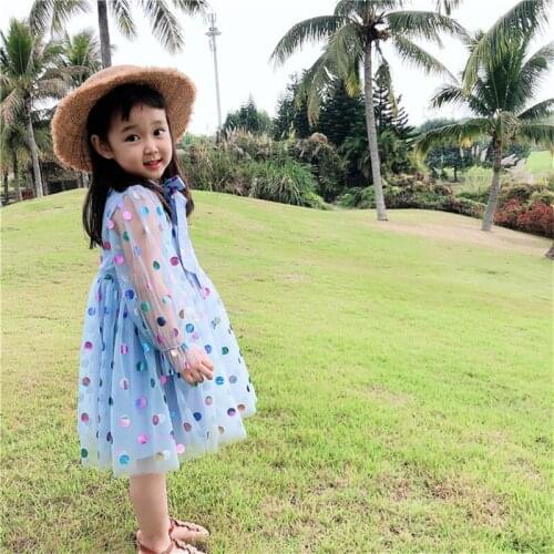 Kids Dresses For Girls Colored Dots Mesh Princess Dress Fashion Korean Long Sleeve Baby Dress 2 3 4 5 6 7 Years Toddler Clothing