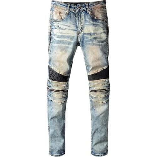 New Mens male fashion casual PU leather patchwork biker jeans Zippers retro light blue stretch denim slim pants trousers