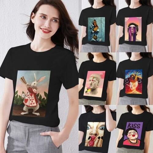T-shirt Womens Basic Tops Retro Fashion Street Fun Art Design Printing Series Round Neck Commuter Soft Sports Breathable Shirt