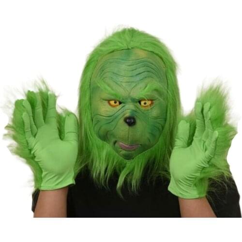 Adult Joke Toys Green Hair Monster Mask and gloves Halloween Terror Cosplay Latex Party Mask Gloves Headgear