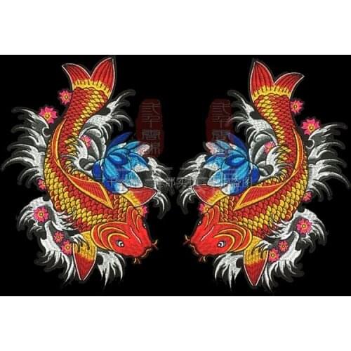 Chinese style pair of carp fish embroidery patches Lotus Applique for DIY dress coat size:30*22cm