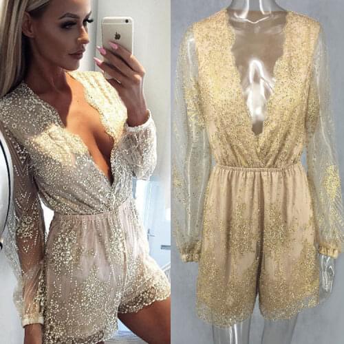 Gold nightclubs shiny sequins jumpsuit romper Women sexy deep v neck long sleeve overalls Summer 2017 beach playsuit