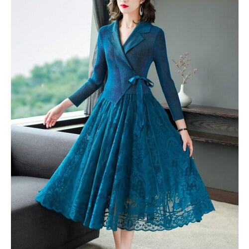 HOT SELLING pleated miyake turn-down collar dress solid lace pleated dress IN STOCK