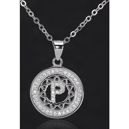 Fashion Pendant Real 925 Sterling Silver Crystal Letter P Necklace Women Necklaces Round Shaped Jewelry