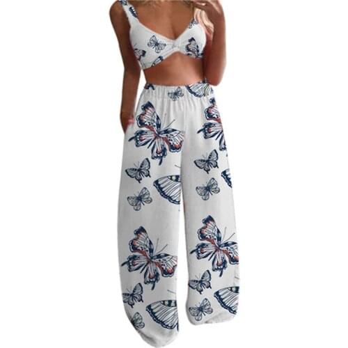 Fashion Women Casual 2pcs Suit Butterfly Printed Sleeveless Crop Tops and High Waist Wide Leg Pants Ladies Holiday Outfits Sets