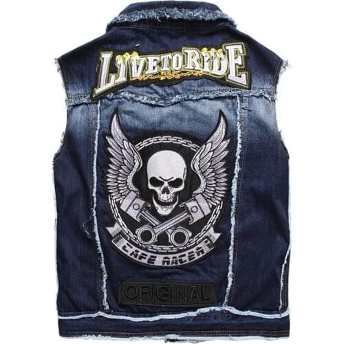 Mens Streetwear Skull Embroidery Denim Vest Trendy Badge Patches Fringe Waistcoat Rivet Tank Top