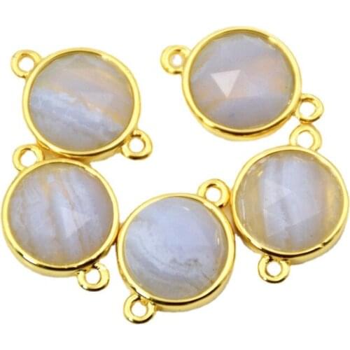 New Arrival 16mm round Blue Lace Agates Stone Connector Healing Crystal Double Bail Charm Pendant with Electroplated Gold