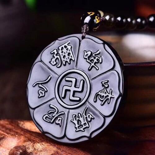 Wholesale Scrub Natural Obsidian Stone Pendant Tai Chi Gossip Array Necklace Six Words Of Mantra Bead Fashion Jewelry JoursNeige