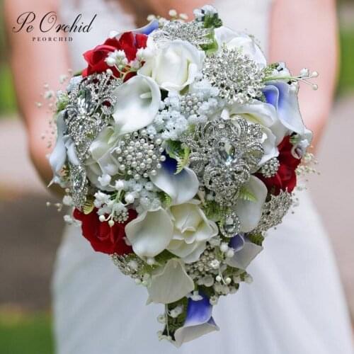 PEORCHID Luxury Crystal weeding flowers Cridal Bouquet Brooch Waterfall Rose Silk flowers Artificial Calla Lily Cascade Bouquet