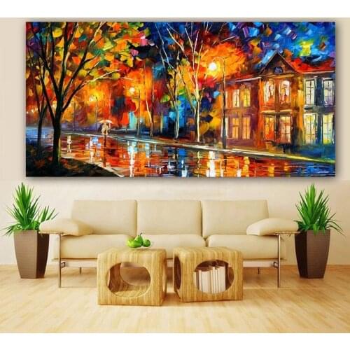 Landscape Painting Wall Art Oil Painting Lover in The Rainy Light Road Canvas Painting Wall Pictures for Living Room Home Decor