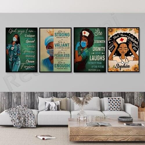African black nurse canvas, she is strong, brave and fearless poster, proud nurse poster, Proverbs 31:25, black nurse wall art