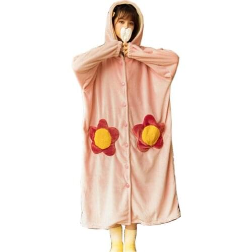 Plush Nightgown Women Autumn and Winter Thickening Pajamas Hooded Long Plus Size Home Casual Clothes Cute Cartoon Flowers